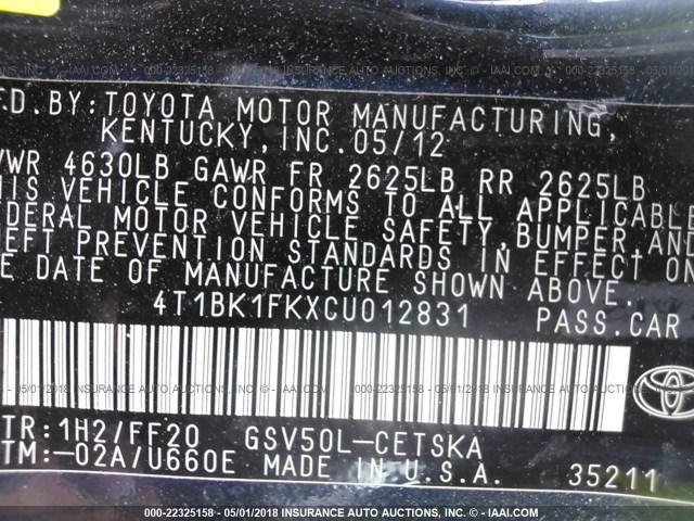 4T1BK1FKXCU012831 - 2012 TOYOTA CAMRY SE/XLE GRAY photo 9