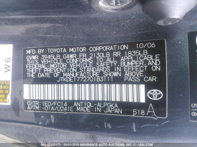JTKDE177270183111 - 2007 TOYOTA SCION TC 灰色 照片 9