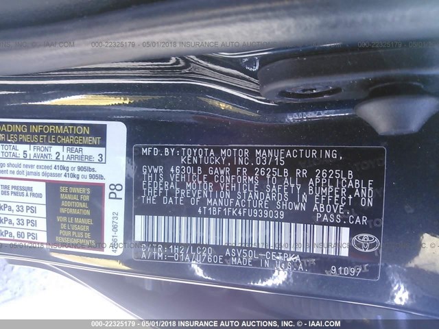 4T1BF1FK4FU939039 - 2015 TOYOTA CAMRY LE/XLE/SE/XSE BLACK photo 9