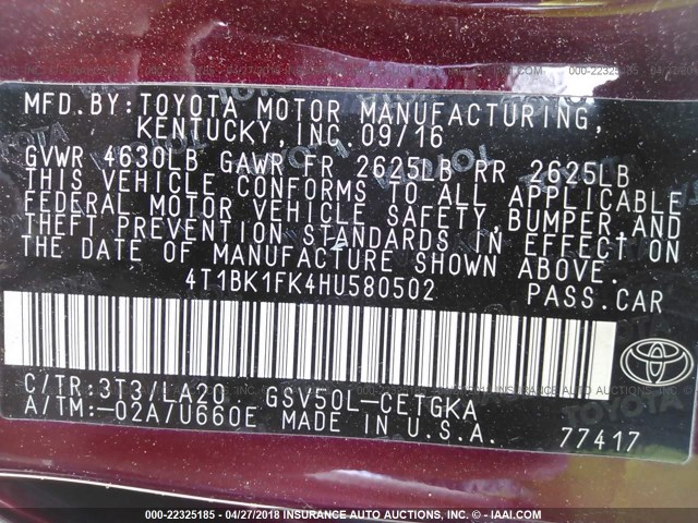 4T1BK1FK4HU580502 - 2017 TOYOTA CAMRY XSE/XLE Qırmızı foto 9