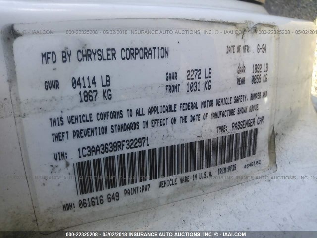 1C3AA3638RF322971 - 1994 CHRYSLER LEBARON LE A-BODY WHITE photo 9