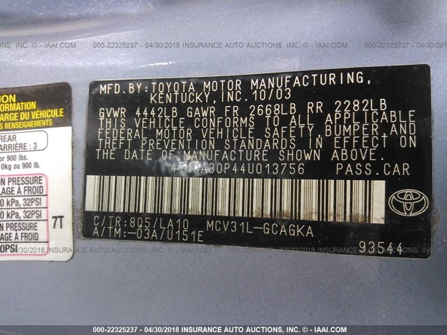 4T1CA30P44U013756 - 2004 TOYOTA CAMRY SOLARA SE/SLE ღია ლურჯი ფოტო 9