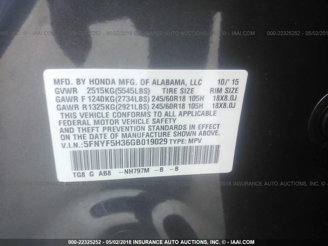 5FNYF5H36GB019029 - 2016 HONDA PILOT EX GRAY photo 9