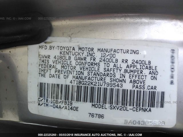 4T1BG22K21U799543 - 2001 TOYOTA CAMRY CE/LE/XLE 银色 照片 9