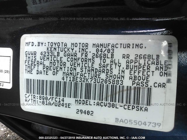 4T1BE32K73U205883 - 2003 TOYOTA CAMRY LE/XLE/SE ლურჯი ფოტო 9