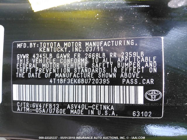 4T1BF3EK6BU720395 - 2011 TOYOTA CAMRY SE/LE/XLE GREEN photo 9