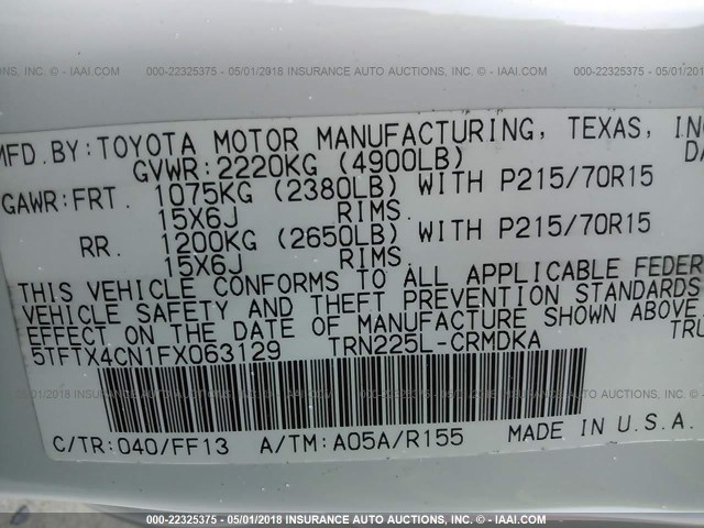5TFTX4CN1FX063129 - 2015 TOYOTA TACOMA ACCESS CAB Weiß Foto 9