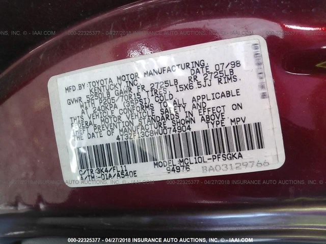 4T3ZF13C8WU074904 - 1998 TOYOTA SIENNA LE/XLE BURGUNDY photo 9