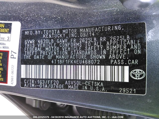 4T1BF1FK4EU468072 - 2014 TOYOTA CAMRY L/SE/LE/XLE GRAY photo 9