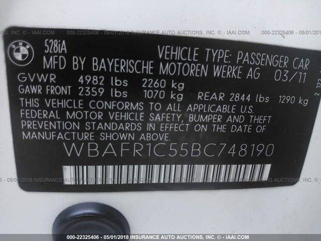 WBAFR1C55BC748190 - 2011 BMW 528 I WHITE photo 9