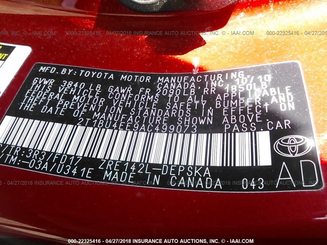 2T1BU4EE9AC499073 - 2010 TOYOTA COROLLA S/LE/XLE RED photo 9
