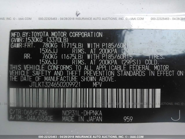 JTLKT324650209921 - 2005 TOYOTA SCION XB WHITE photo 9