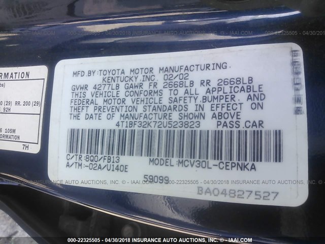 4T1BF32K72U523823 - 2002 TOYOTA CAMRY LE/XLE/SE ლურჯი ფოტო 9