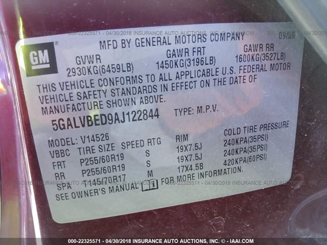 5GALVBED9AJ122844 - 2010 BUICK ENCLAVE CXL წითელი ფოტო 9