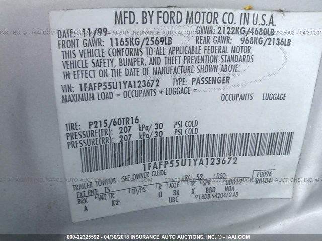 1FAFP55U1YA123672 - 2000 FORD TAURUS SES SILVER photo 9