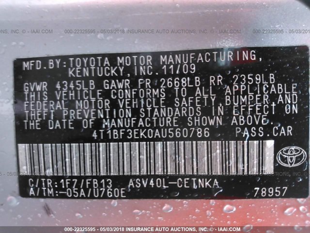 4T1BF3EK0AU560786 - 2010 TOYOTA CAMRY SE/LE/XLE ვერცხლისფერი ფოტო 9
