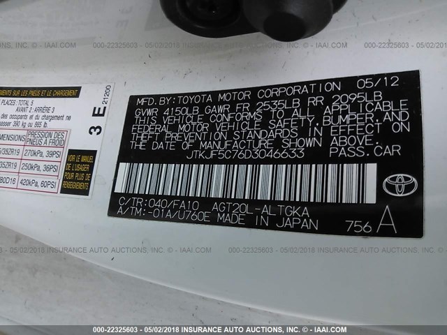 JTKJF5C76D3046633 - 2013 TOYOTA SCION TC 白色 照片 9