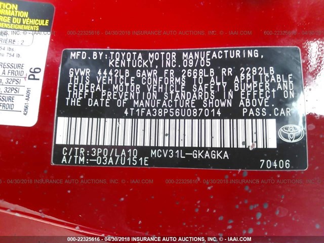 4T1FA38P56U087014 - 2006 TOYOTA CAMRY SOLARA SE/SLE წითელი ფოტო 9