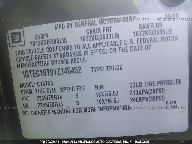 1GTEC19T91Z148452 - 2001 GMC NEW SIERRA C1500 GRAY photo 9