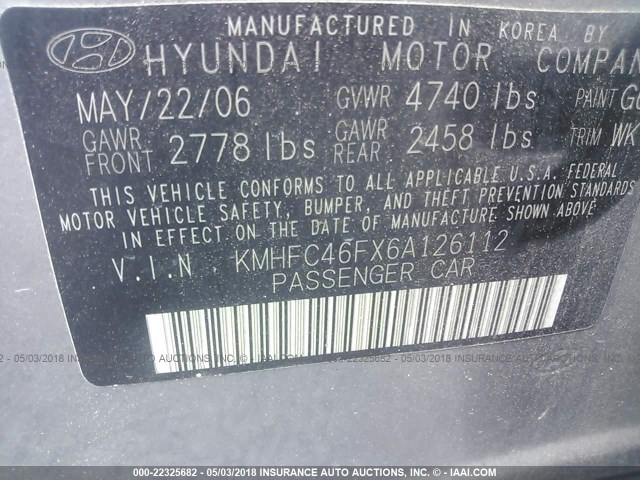 KMHFC46FX6A126112 - 2006 HYUNDAI AZERA SE/LIMITED GRAY photo 9