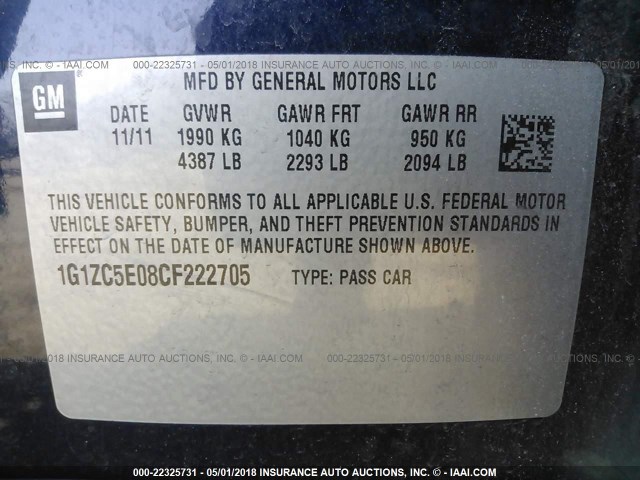 1G1ZC5E08CF222705 - 2012 CHEVROLET MALIBU 1LT 蓝色 照片 9