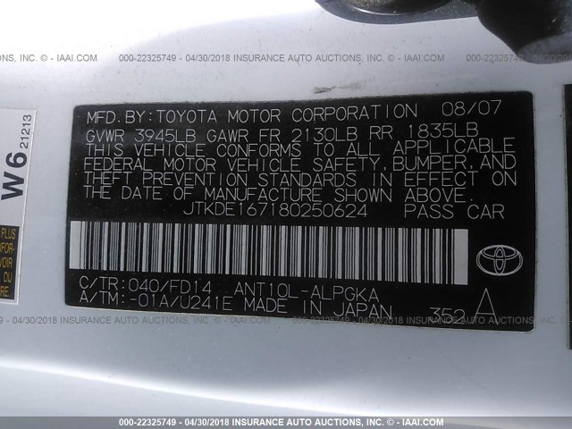 JTKDE167180250624 - 2008 TOYOTA SCION TC 白色 照片 9