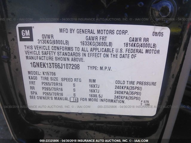 1GNEK13T66J107298 - 2006 CHEVROLET TAHOE K1500 BLUE photo 9