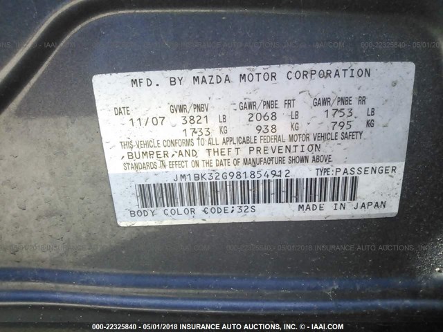 JM1BK32G981854912 - 2008 MAZDA 3 I GRAY photo 9