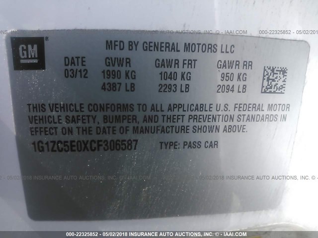 1G1ZC5E0XCF306587 - 2012 CHEVROLET MALIBU 1LT 白色 照片 9