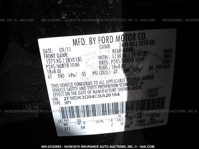 2FMDK3G94CBA26164 - 2012 FORD EDGE SE BLACK photo 9