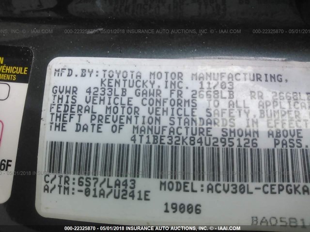 4T1BE32K84U295126 - 2004 TOYOTA CAMRY LE/XLE/SE მწვანე ფოტო 9