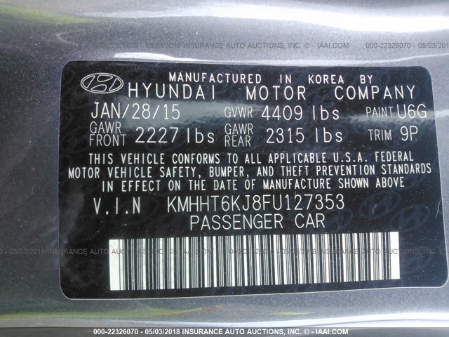 KMHHT6KJ8FU127353 - 2015 HYUNDAI GENESIS COUPE 3.8L GRAY photo 9