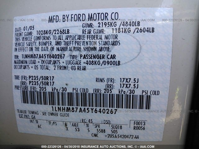 1LNHM87A45Y640267 - 2005 LINCOLN LS WHITE photo 9