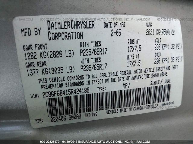 2C8GF68415R424189 - 2005 CHRYSLER PACIFICA TOURING GOLD photo 9
