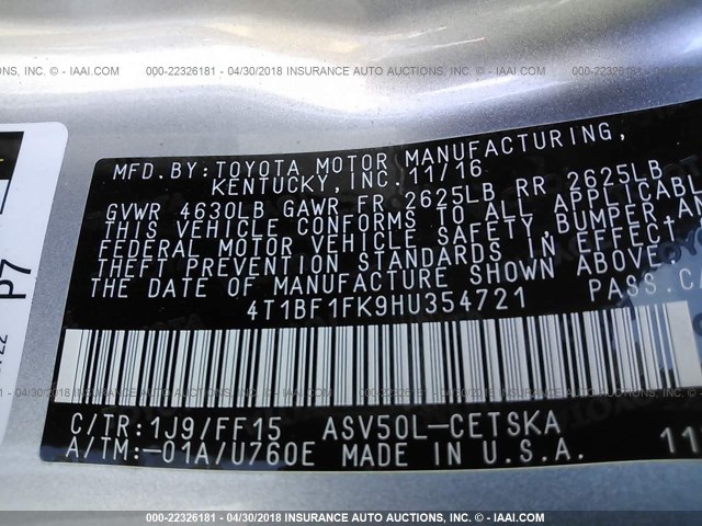 4T1BF1FK9HU354721 - 2017 TOYOTA CAMRY LE/XLE/SE/XSE Grau Foto 9