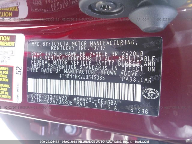 4T1B11HK2JU545365 - 2018 TOYOTA CAMRY L/LE/XLE/SE/XSE RED photo 9