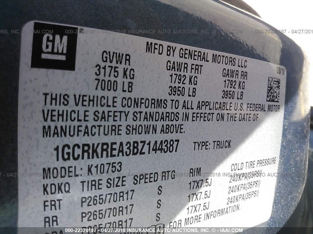 1GCRKREA3BZ144387 - 2011 CHEVROLET SILVERADO K1500 LS BLUE photo 9