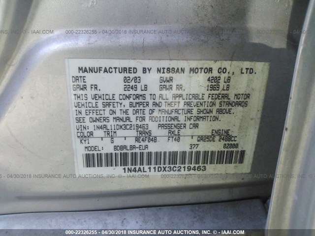 1N4AL11DX3C219463 - 2003 NISSAN ALTIMA S/SL SILVER photo 9