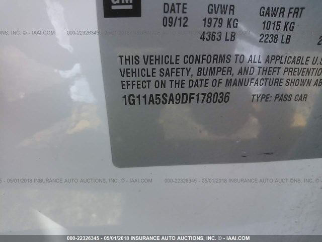 1G11A5SA9DF178036 - 2013 CHEVROLET MALIBU LS 白色 照片 9