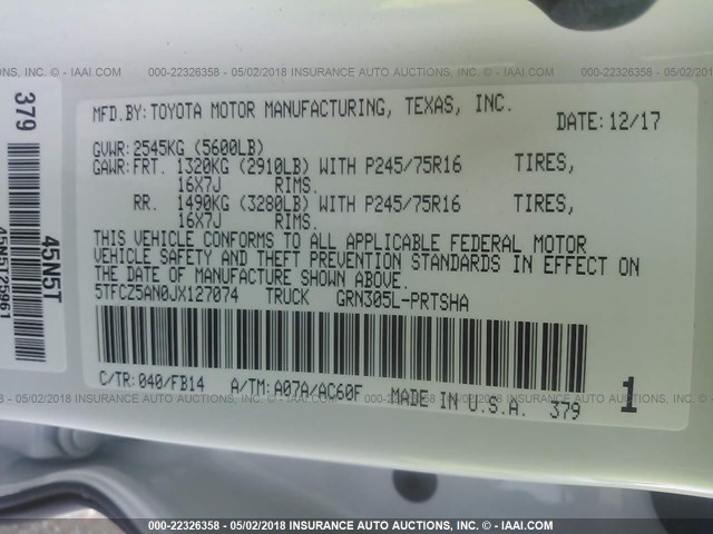 5TFCZ5AN0JX127074 - 2018 TOYOTA TACOMA DBL CAB/SR/TRDSPT/OR/PRO Ağ foto 9