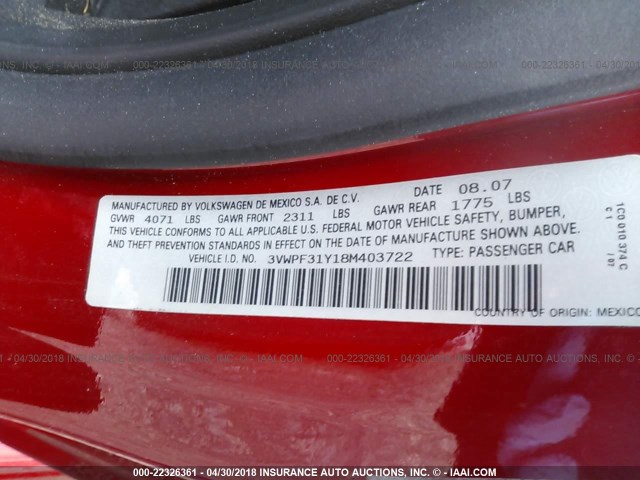 3VWPF31Y18M403722 - 2008 VOLKSWAGEN NEW BEETLE CONVERTIBLE S RED photo 9