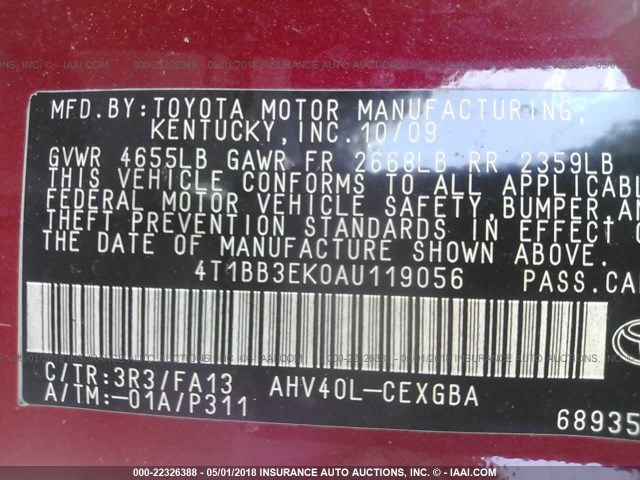 4T1BB3EK0AU119056 - 2010 TOYOTA CAMRY HYBRID RED photo 9