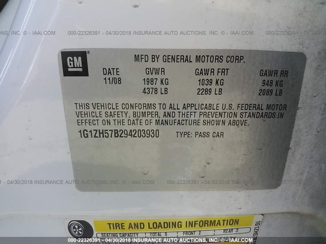 1G1ZH57B294203930 - 2009 CHEVROLET MALIBU 1LT 白色 照片 9