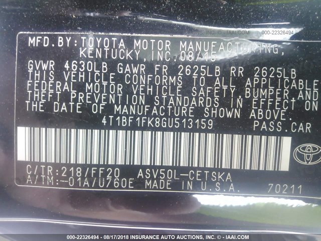 4T1BF1FK8GU513159 - 2016 TOYOTA CAMRY LE/XLE/SE/XSE BLACK photo 9