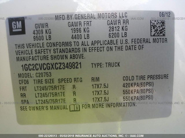 1GC2CVCGXCZ349821 - 2012 CHEVROLET SILVERADO C2500 HEAVY DUTY WHITE photo 9