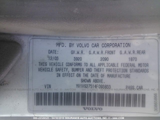 YV1VS27514F093833 - 2004 VOLVO S40 1.9T SILVER photo 9