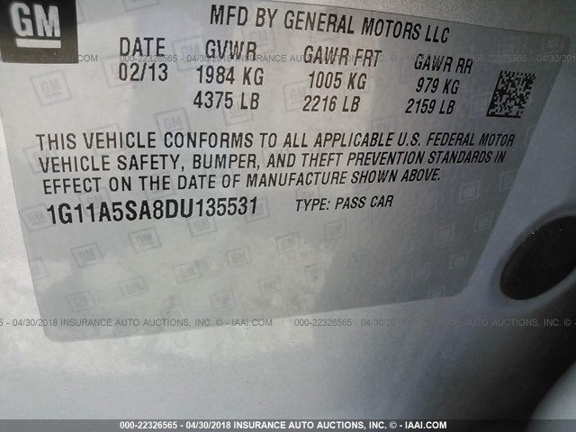 1G11A5SA8DU135531 - 2013 CHEVROLET MALIBU LS SILVER photo 8