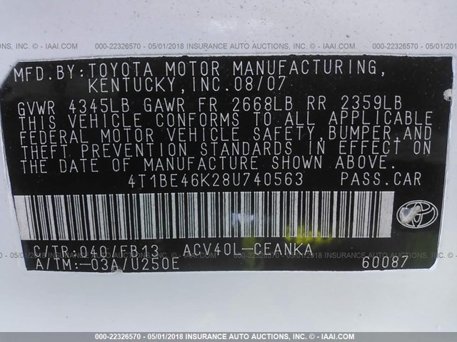 4T1BE46K28U740563 - 2008 TOYOTA CAMRY CE/LE/XLE/SE WHITE photo 9