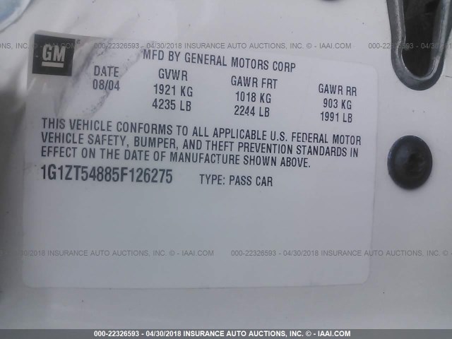 1G1ZT54885F126275 - 2005 CHEVROLET MALIBU LS 白色 照片 9