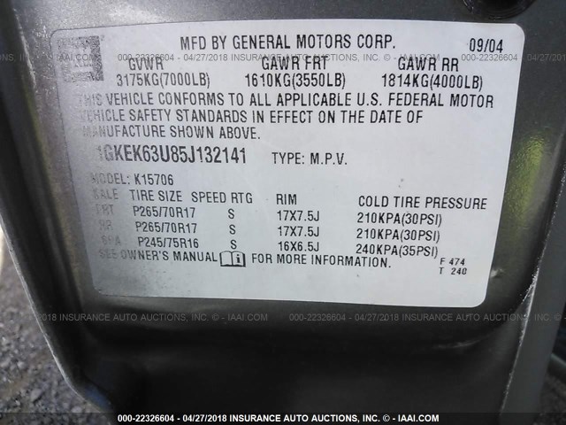 1GKEK63U85J132141 - 2005 GMC YUKON DENALI GRAY photo 9